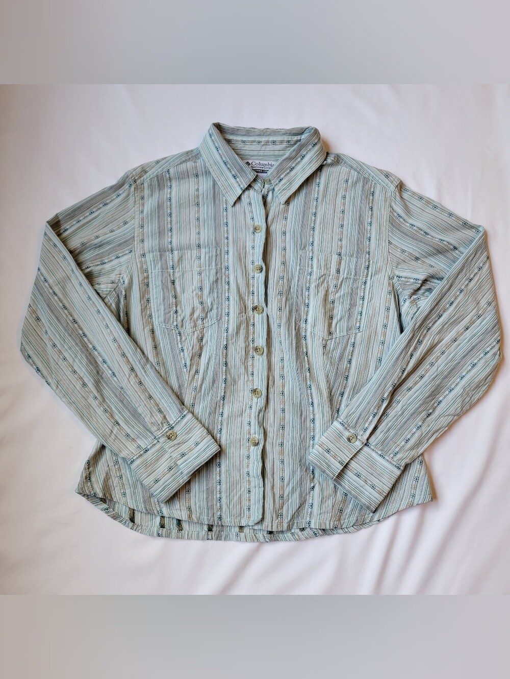 Columbia Sportswear Womens Embroidered Striped Button Up Petite PM Blue Green